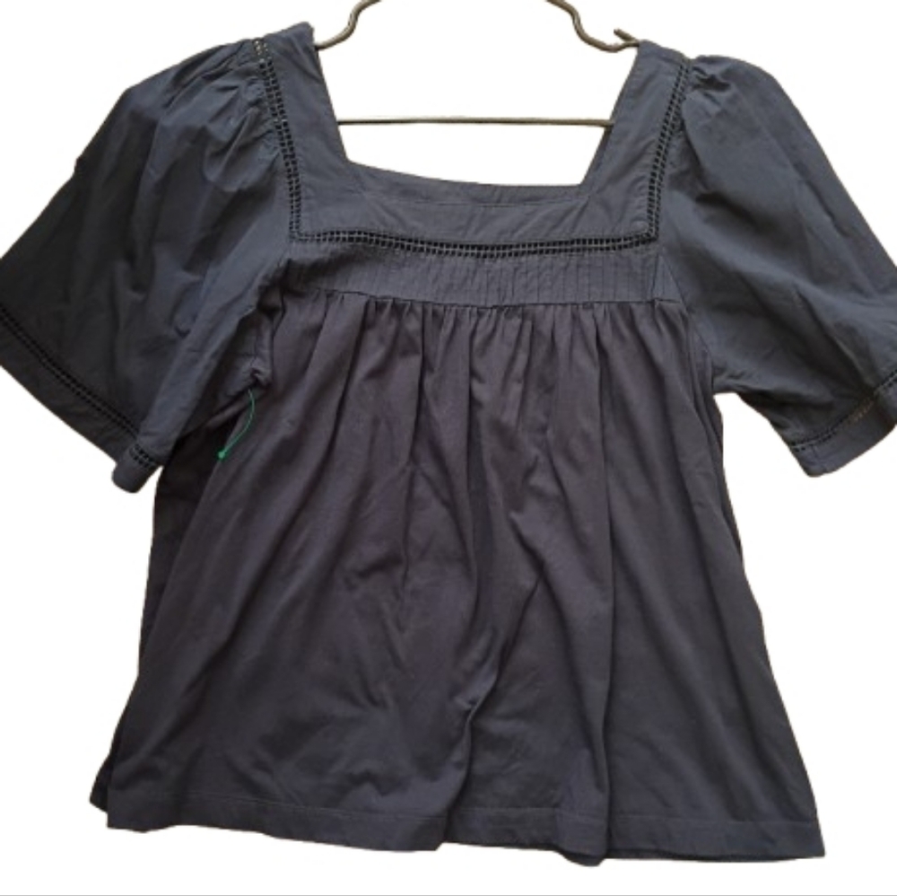 Elie Tahari Blue Eyelet Derail Puff Short Sleeve Flowy Modal Cotton Top M - Picture 7 of 14